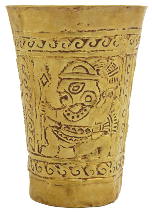Rare17K yellow gold Chimu Kero (ceremonial cup), probably made in Peru around 1,000 A.D. Crescent City Auction Gallery image.